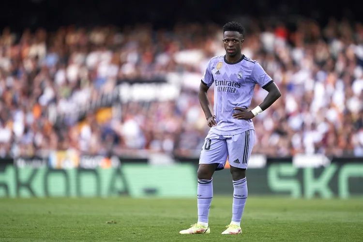 VALENCIA, SPAIN - MAY 21: Vinicius Junior of Real Madrid looks on during the LaLiga Santander match between Valencia CF and Real Madrid CF at Estadio Mestalla on May 21, 2023 in Valencia, Spain. (Photo by Mateo Villalba/Quality Sport Images/Getty Images) (Quality Sport Images/Getty Images)