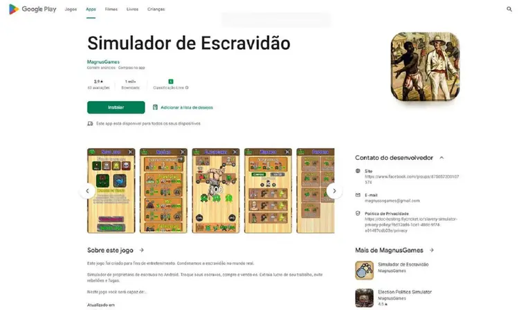 O jogo eletrônico ficou disponível na plataforma até o início da tarde de ontem, quando foi retirado do ar (Googleplay/Reprodução)