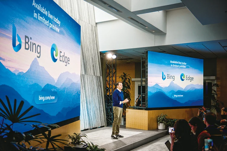 Yusuf Mehdi, VP da Microsoft: apresentação do novo Bing (Chona Kasinger/Bloomberg/Getty Images)