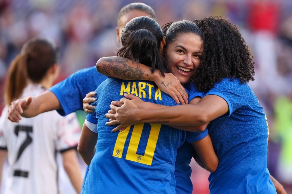 ORLANDO, FL - FEBRUARY 16: Brazil forward Debinha (9), Brazil forward Marta (10), and Brazil defender Yasmim (19) celebrate after scoring goal during the SheBelieves Cup match between Japan and Brazil on February 16, 2023 at Exploria Stadium in Orlando FL. (Photo by Joe Petro/Icon Sportswire via Getty Images) (Joe Petro/Icon Sportswire/Getty Images)