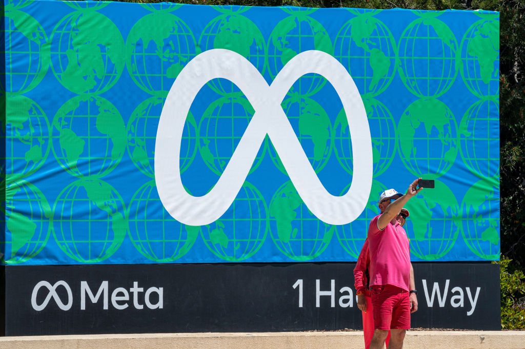 Signage outside Meta headquarters in Menlo Park, California, US, on Thursday, April 20, 2023. Meta Platforms Inc. is set to start cutting jobs across the company as it restructures teams and works toward founder Mark Zuckerbergs goal of greater efficiency this year. Photographer: David Paul Morris/Bloomberg via Getty Images (David Paul Morris/Getty Images)