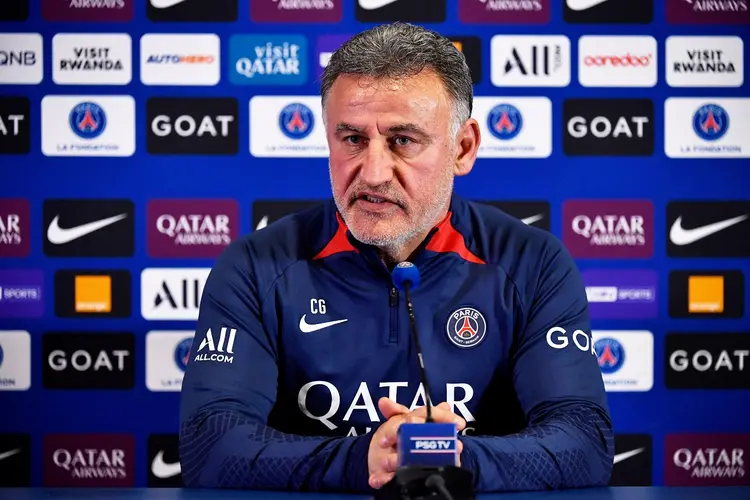 Paris Saint-Germain's French head coach Christophe Galtier holds a press conference at the club's "Camp des Loges" training grounds in Saint-Germain-en-Laye, norhthwest Paris on May 19, 2023. (Photo by JULIEN DE ROSA / AFP) (Photo by JULIEN DE ROSA/AFP via Getty Images) (JULIEN DE ROSA/AFP/Getty Images)