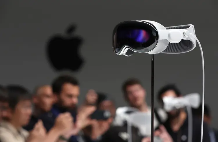 CUPERTINO, CALIFORNIA - JUNE 05: The new Apple Vision Pro headset is displayed during the Apple Worldwide Developers Conference on June 05, 2023 in Cupertino, California. Apple CEO Tim Cook kicked off the annual WWDC23 developer conference with the announcement of the new Apple Vision Pro mixed reality headset. (Photo by ) (Justin Sullivan/Getty Images)