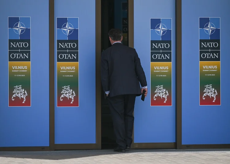 VILNIUS, LITHUANIA - JUNE 11, 2023:   
Logo of the 2023 NATO Summit seen at the entrance to the Main Media Center, in
Vilnius, Lithuania, in Vilnius, Lithuania, on July 11, 2023. (Photo by Artur Widak/NurPhoto via Getty Images) (Artur Widak/NurPhoto/Getty Images)