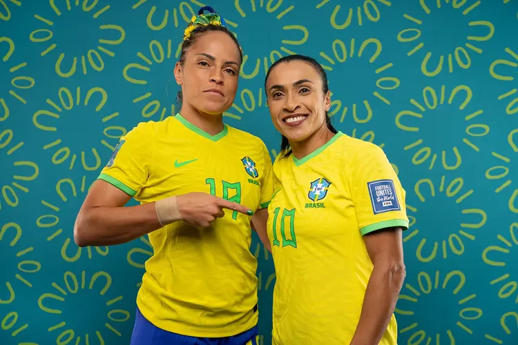 BRISBANE, AUSTRALIA - JULY 19: Monica and Marta of Brazil poses for a portrait during the official FIFA Women's World Cup Australia &amp; New Zealand 2023 portrait session on July 19, 2023 in Brisbane, Australia. (Photo by Justin Setterfield - FIFA/FIFA via Getty Images) (Justin Setterfield/Getty Images)
