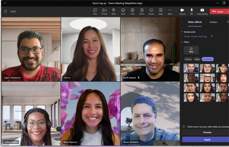 Novos filtros do Microsoft Teams: parceria com a Maybelline (Microsoft/Reprodução)