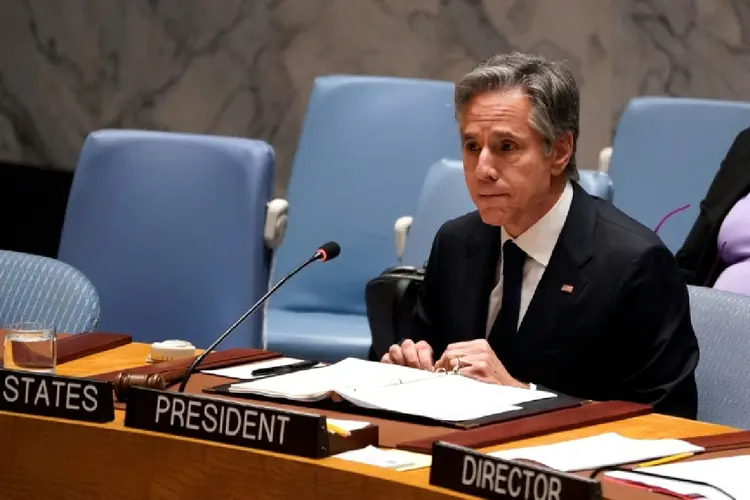 Guerra na Ucrânia: chefe da diplomacia americana, Antony Blinken, no Conselho de Segurança da ONU, durante reunião sobre alimentos e segurança, em Nova York (Agence France-Presse/AFP)