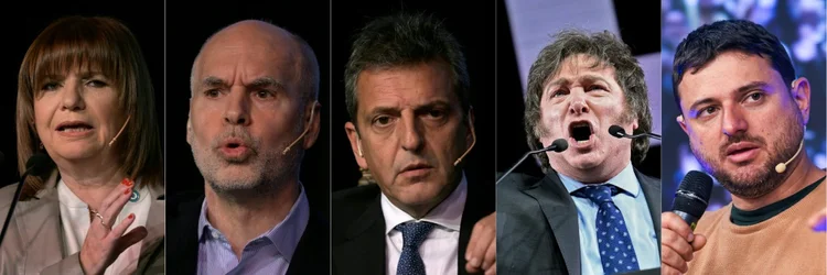 Pré-candidatos à eleição presidencial da Argentina (da esq. para dir.): ex-ministra da Segurança Patricia Bullrich e o prefeito de Buenos Aires, Horacio Rodríguez Larreta (Partido Juntos por el Cambio); ministro da Economia, Sergio Massa (aliança governista Unión por la Patria); Javier Milei (La Libertad Avanza); e o ativista Juan Grabois (AFP/AFP)