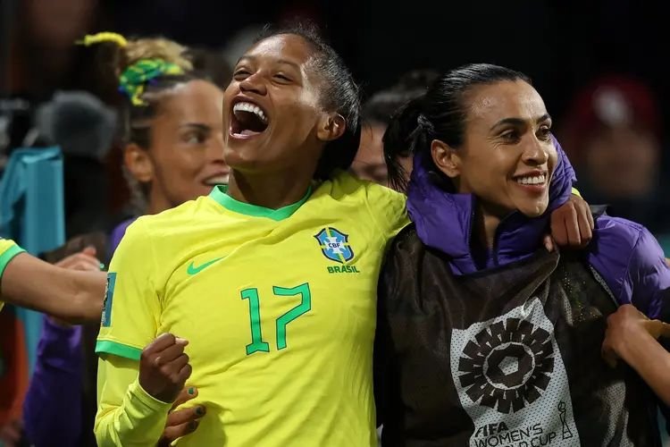 ADELAIDE, AUSTRALIA - JULY 24: Ary Borges (L) of Brazil celebrates with teammate Marta (R) after scoring her team's fourth and her hat trick goal  during the FIFA Women's World Cup Australia &amp; New Zealand 2023 Group F match between Brazil and Panama at Hindmarsh Stadium on July 24, 2023 in Adelaide, Australia. (Photo by Chris Hyde - FIFA/FIFA via Getty Images) (Chris Hyde/Getty Images)