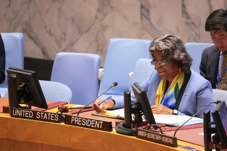 A embaixadora dos EUA na ONU e presidente do Conselho de Segurança da ONU este mês, Linda Thomas-Greenfield, na sede do organismo em Nova York, em 24 de agosto de 2023 (AFP/AFP)
