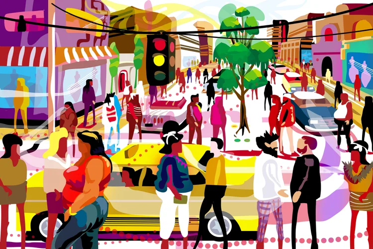 Diverse crowd of people on a busy city shopping street with different ethnic groups and body types in cartoon grunge style. (Charles Harker/Getty Images)