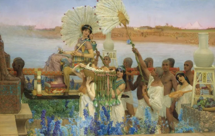 The Finding of Moses, pintura de Lawrence Alma-Tadema, de 1904. Domínio Público. O cesto no qual Moisés foi depositado no Nilo também foi coberto por betume e piche (Wikimedia/Reprodução)