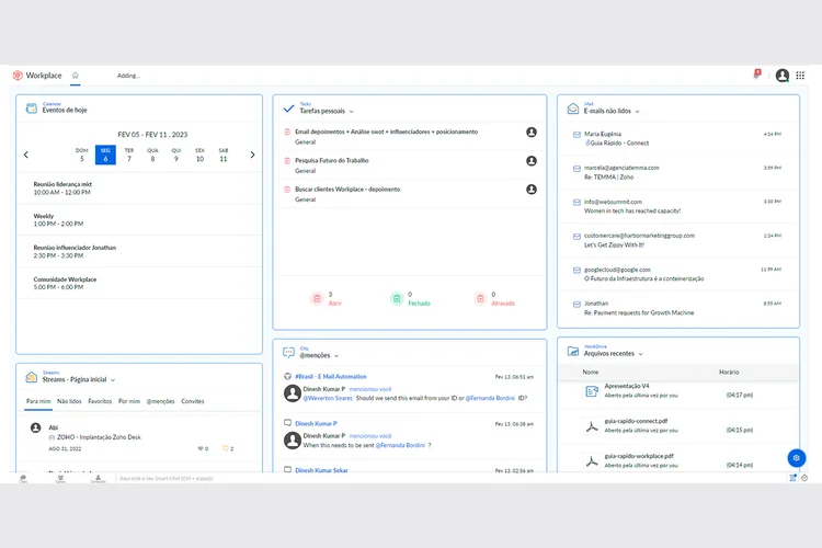 Dashboard central Zoho Workplace: plataforma de colaboração da Zoho oferece   um pacote com oito aplicativos criados para facilitar a rotina de trabalho das equipes que   atuam de maneira presencial, híbrida ou remota  (ZOHO/Divulgação)