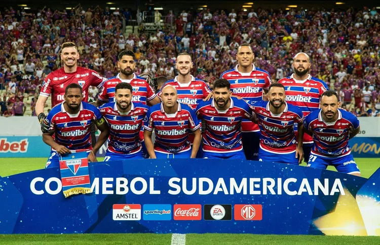 Fortaleza players pose for a picture before the start of the Copa Sudamericana group stage second leg football match between Brazil's Fortaleza and Argentina's San Lorenzo, at the Arena Castelao stadium in Fortaleza, Brazil, on May 24, 2023. (Photo by Thiago Gadelha / AFP) (Photo by THIAGO GADELHA/AFP via Getty Images) (THIAGO GADELHA/Getty Images)