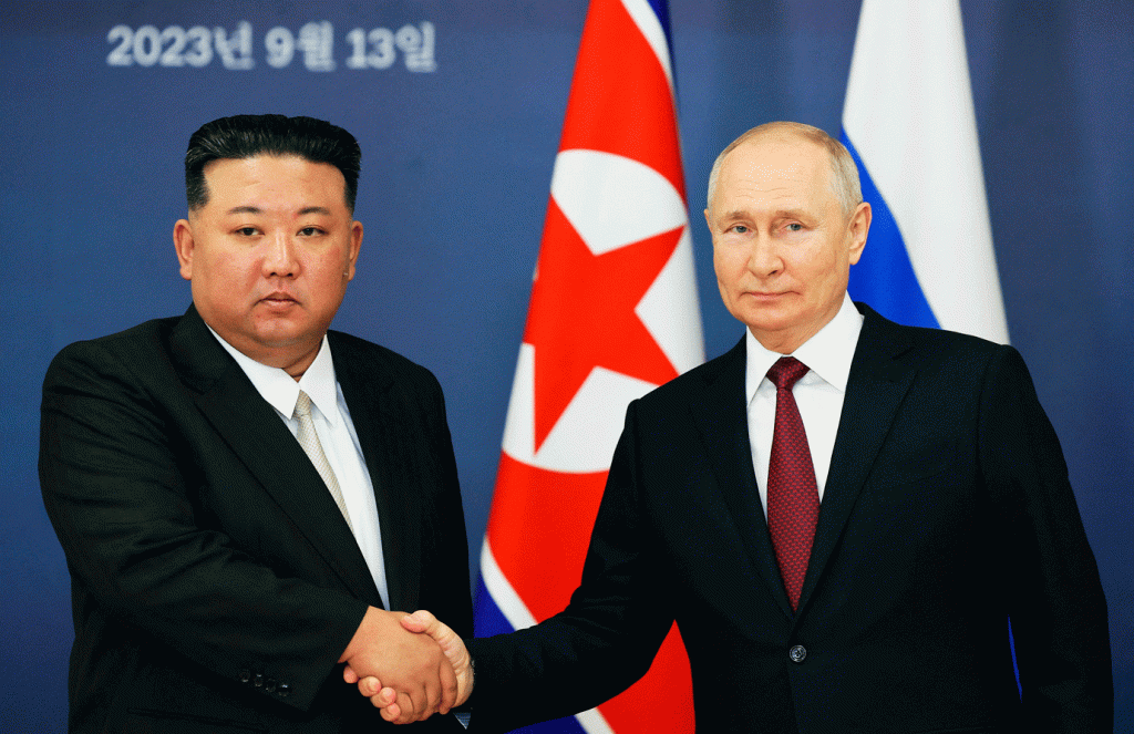 Kim e Putin: líderes se encontraram na Rússia. (Vladimir SMIRNOV /Getty Images)