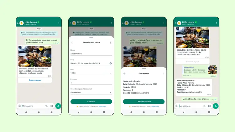 WhatsApp Flows: simulação mostra como reservas poderão ser feitas sem sair do app (Meta/Divulgação)