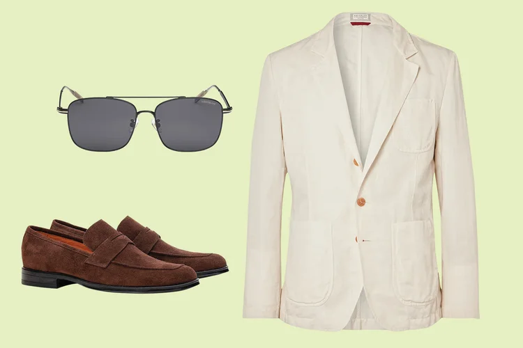 Óculos Montblanc, blazer Brunello Cucinelli, loafer Louie (Divulgação/Divulgação)