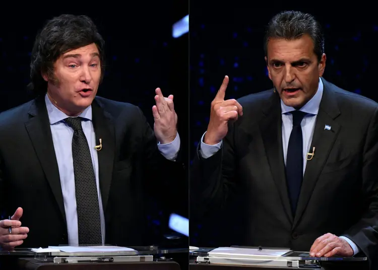 O ministro da Economia, Sérgio Massa, e o deputado ultraliberal Javier Milei estão na disputa do segundo turno (Luis Robayo/AFP)