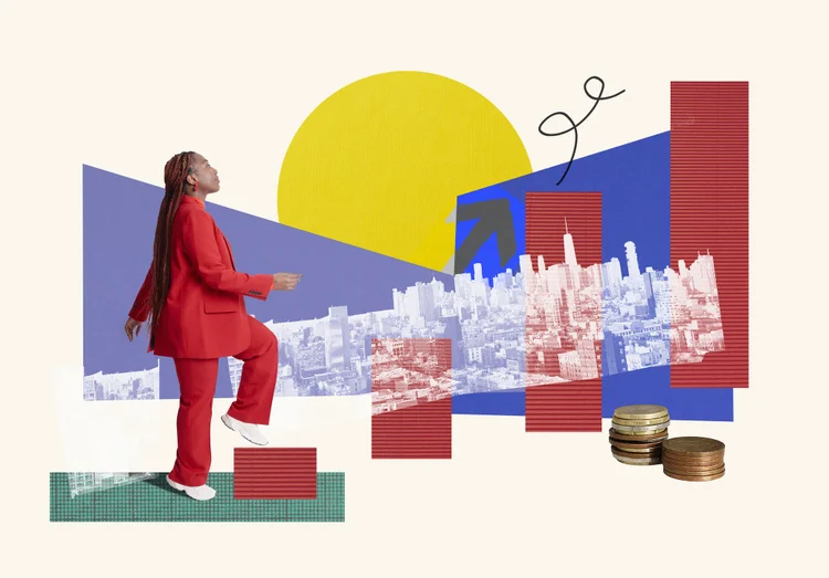 Woman in red suit stepping up a bar graph surrounded by growth and finance symbols (We Are/Getty Images)