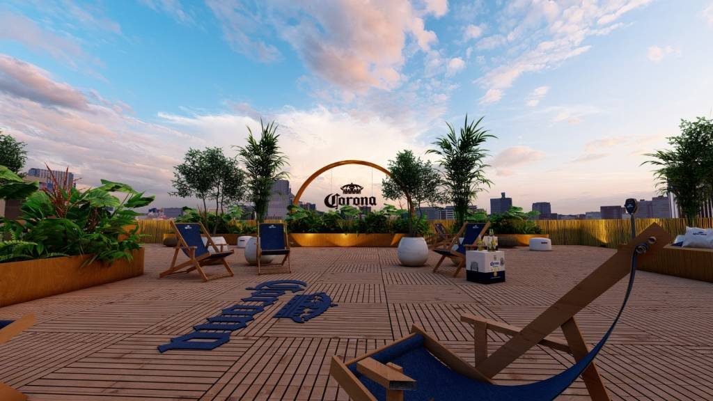 Corona transforma heliponto em bar com mirante e convida paulistanos a se reconectarem com o sol