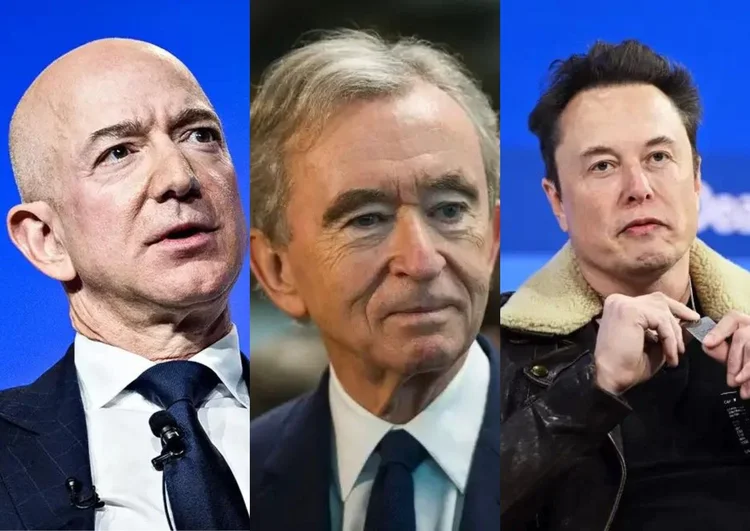 Jeff Bezos, Bernard Arnault e Elon Musk: bilionários estão no topo dos homens mais ricos do mundo (Arte sobre fotos de divulgação)