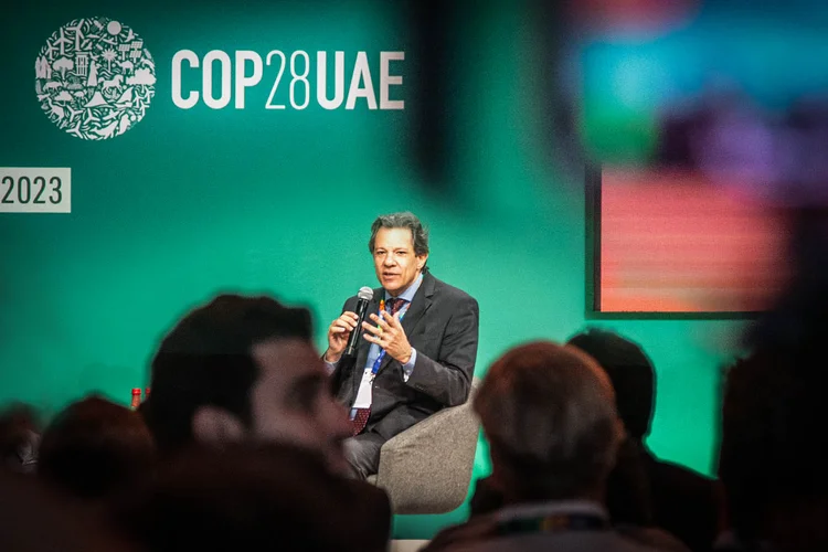 Fernando Haddad, ministro da Fazenda, durante lançamento do Plano de Transformação Ecológica, na COP28 (Leandro Fonseca/Exame)