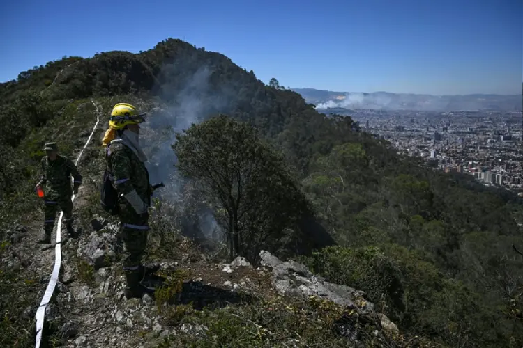 Colômbia: Soldados colombianos combatem um incêndio florestal em 24 de janeiro de 2024 em Nemocón (Alejandro Rincon/AFP Photo)