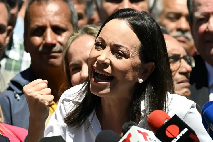 A líder opositora venezuelana María Corina Machado, em Caracas (AFP)