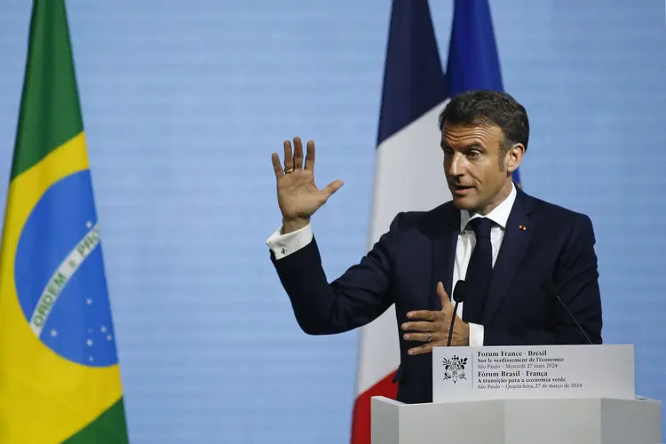 Emmanuel Macron, presidente da França, durante discurso na Fiesp (Miguel Schincariol /AFP)