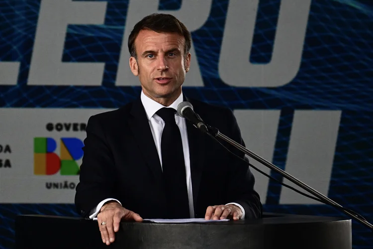 Emmanuel Macron, presidente da França, durante discurso em Itaguaí, no Rio de Janeiro
 (Paulo Porciuncula/AFP)