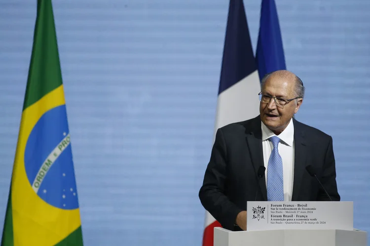 Brazil's Vice President Geraldo Alckmin delivers a speech during the France-Brazil Economic Forum at the Federation of Industries of the State of Sao Paulo (FIESP) in Sao Paulo, Brazil on March 27, 2024. (Photo by Miguel Schincariol / AFP)