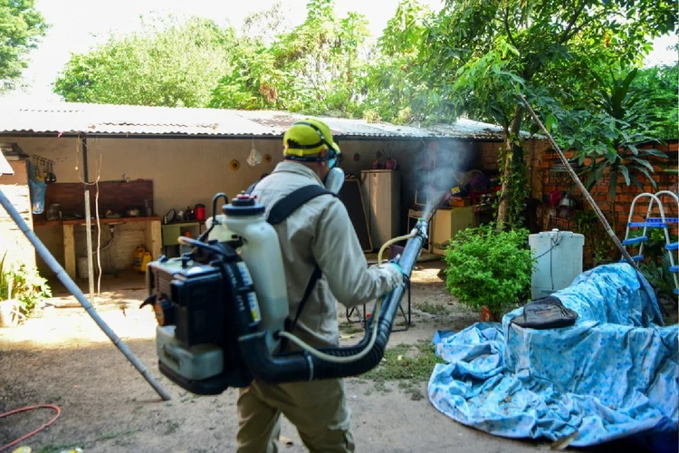 Trabalhador do Serviço Nacional de Erradicação da Malária (SENEPA) detetiza durante uma operação para combater o mosquito que transmite a dengue em Ypacarai, Paraguai (AFP)