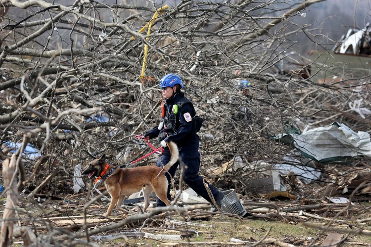 DAWSON SPRINGS, KENTUCKY - DECEMBER 14: Members of the Ohio Task Force One search and recovery team search debris fields for victims of Friday's tornado on December 14, 2021 in Dawson Springs, Kentucky. Multiple tornadoes touched down in several Midwest states late Friday, causing widespread destruction and leaving scores of people dead and injured.  (Photo by Scott Olson/Getty Images) (Scott Olson/Getty Images)