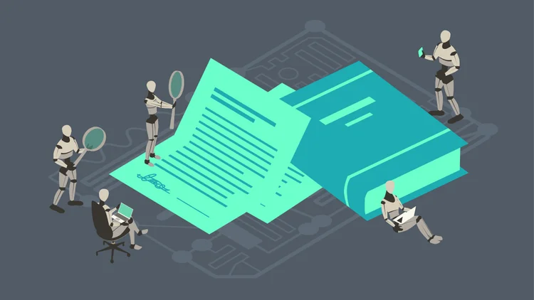 Five robots gather around an oversized contract and hardcover law book using their own laptops, a tablet, and oversized magnifying glasses, illustrating the concept of law or paralegal work being performed by artificial intelligence. Illustration uses a unified palette of neutral and turquoise colors, comprised of vector shapes over a dark gray background on a 16x9 artboard, and presented in isometric view. (mathisworks/Getty Images)