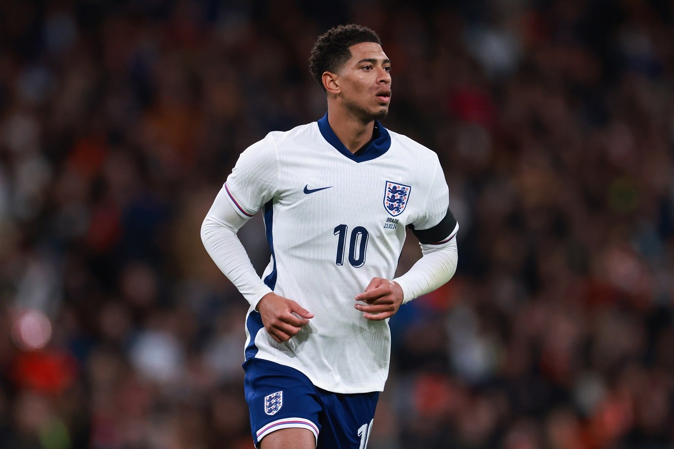 LONDON, ENGLAND - MARCH 23: Jude Bellingham of England during the international friendly match between England and Brazil at Wembley Stadium on March 23, 2024 in London, England. (Photo by Marc Atkins/Getty Images) (Photo by Marc Atkins/Getty Images)