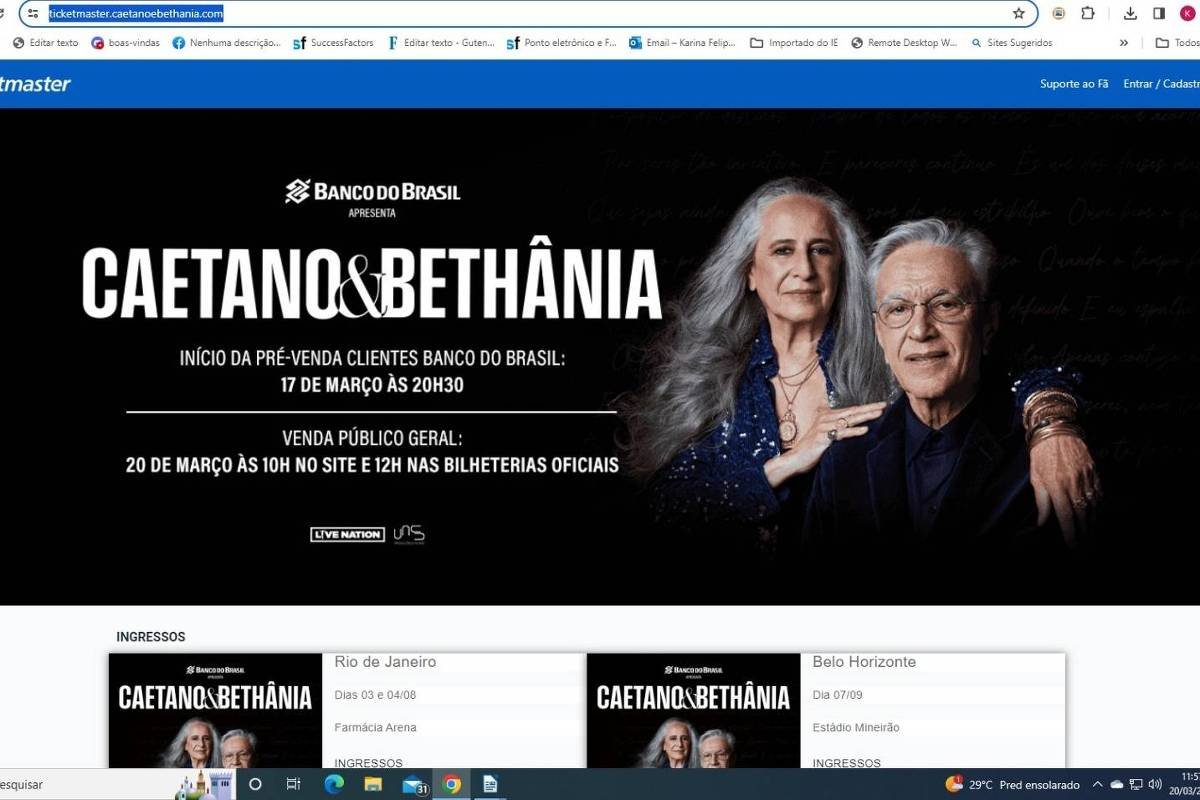 Site falso replica elementos da Ticketmaster, responsável oficial pela comercialização dos bilhetes