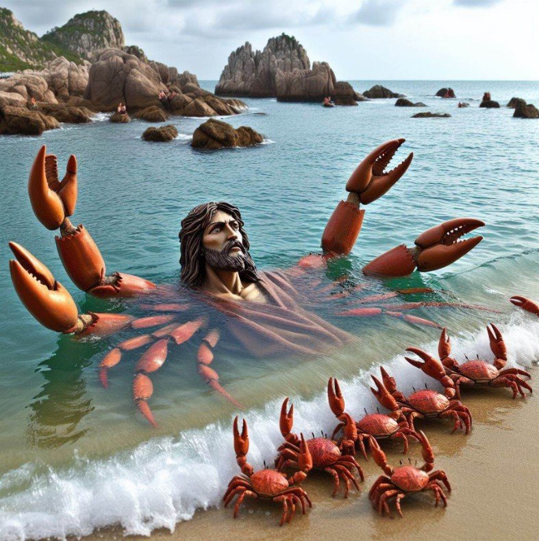 Imagem criada por IA generativa mostra Jesus com braços de caranguejo, sendo recebido por outros caranguejos