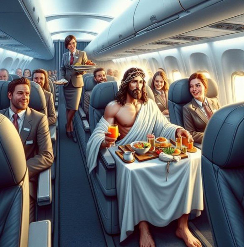 Nesta imagem gerada por IA generativa, Jesus tem um almoço rico em nutrientes enquanto o resto do avião só assiste