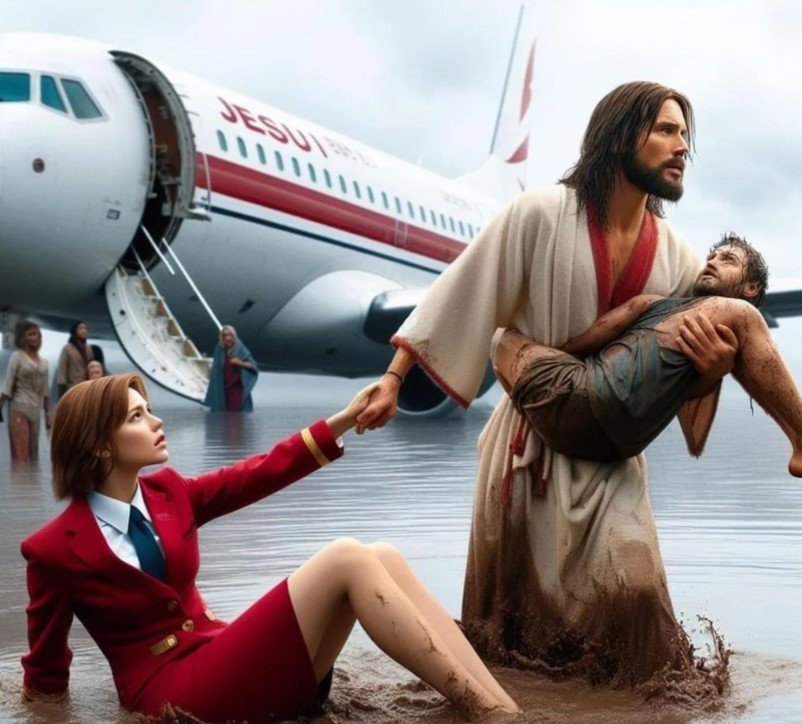 Nesta imagem criada por IA generativa, Jesus salva uma aeromoça e um passageiro de um avião que parece ter pousado tranquilamente na água