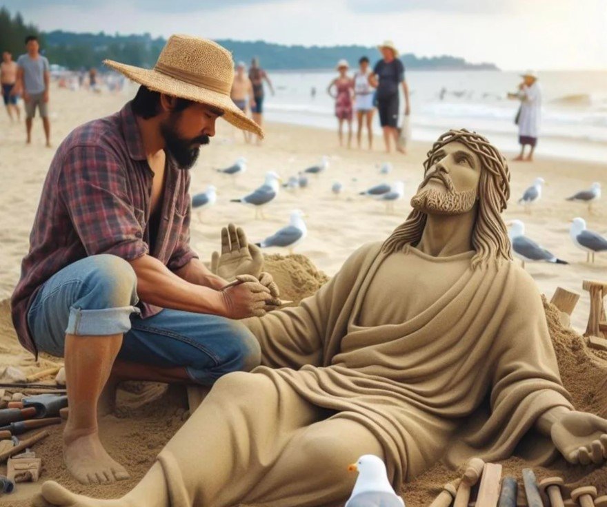 Mais fácil de confundir com algo real, nesta imagem criada por IA generativa um homem parece esculpir Jesus na areia