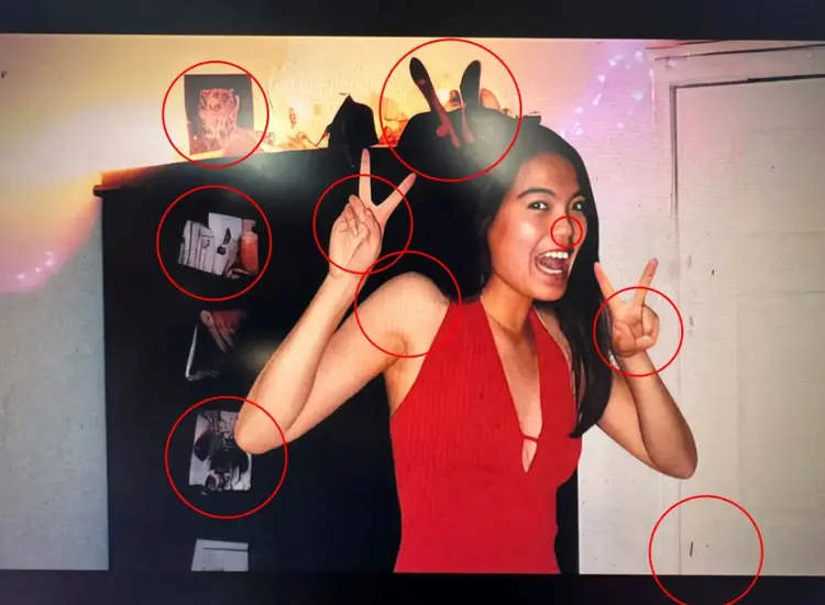 Imagem de Jennifer Pan no documentário da Netflix: círculos vermelhos mostram indícios de manipulação por IA (Netflix/Futurism)