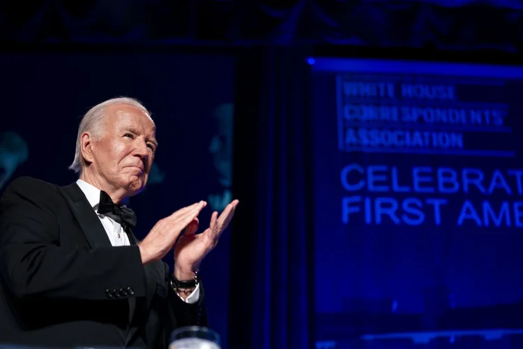 US President Joe Biden looks on during the White House Correspondents' Association (WHCA) dinner in Washington, DC, US on Saturday, April 27, 2024. The annual dinner raises money for WHCA scholarships and honors the recipients of the organization's journalism awards. Photographer: Bonnie Cash/UPI/Bloomberg via Getty Images (Bonnie Cash/UPI/Bloomberg/Getty Images)