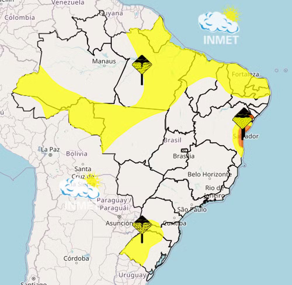 Mapa do Inmet que aponta os alertas emitidos para terça-feira — Foto: Reprodução/Inmet