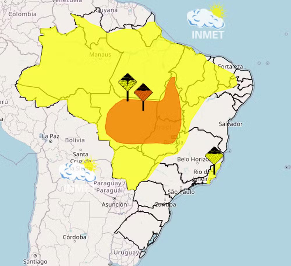 Inmet emitiu três alertas em diferentes áreas do Brasil, nesta sexta-feira - Foto: Inmet/Reprodução