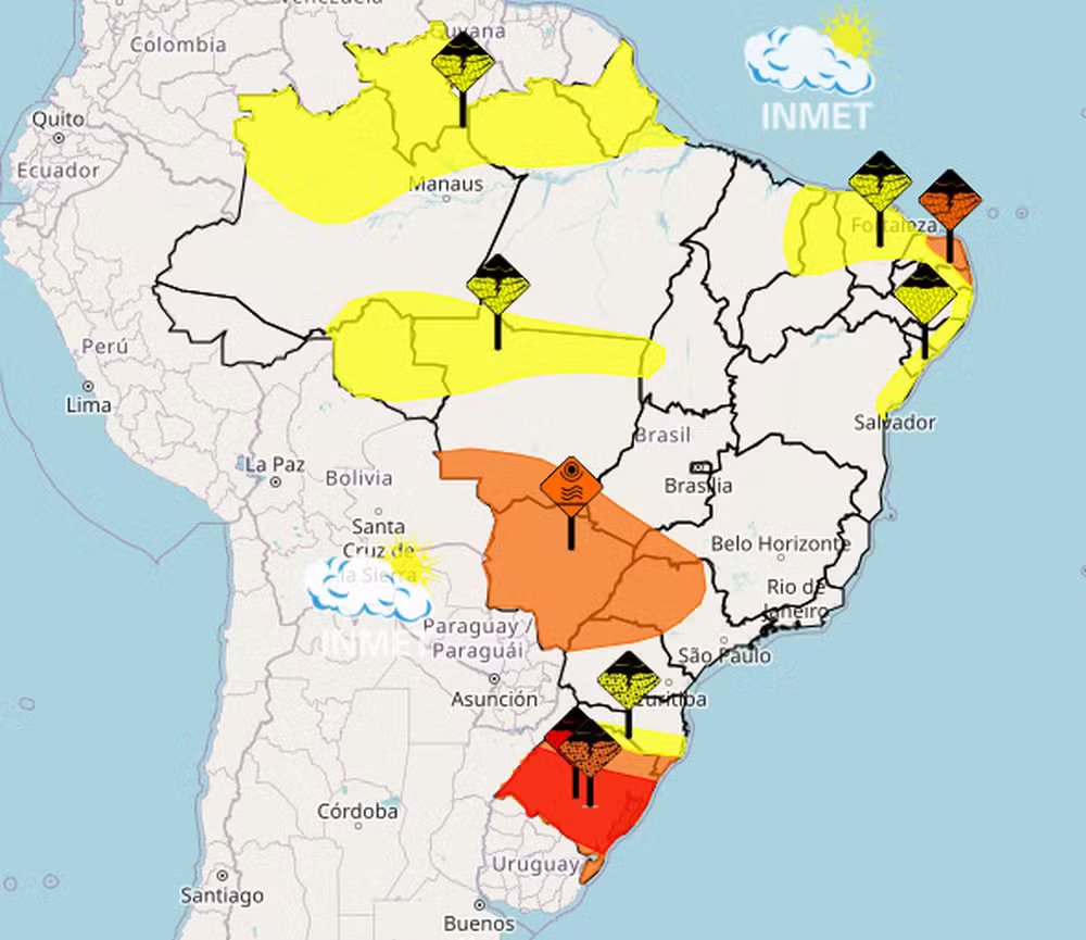 Mapa mostra como estão os alertas do Inmet para esta terça-feira, 30