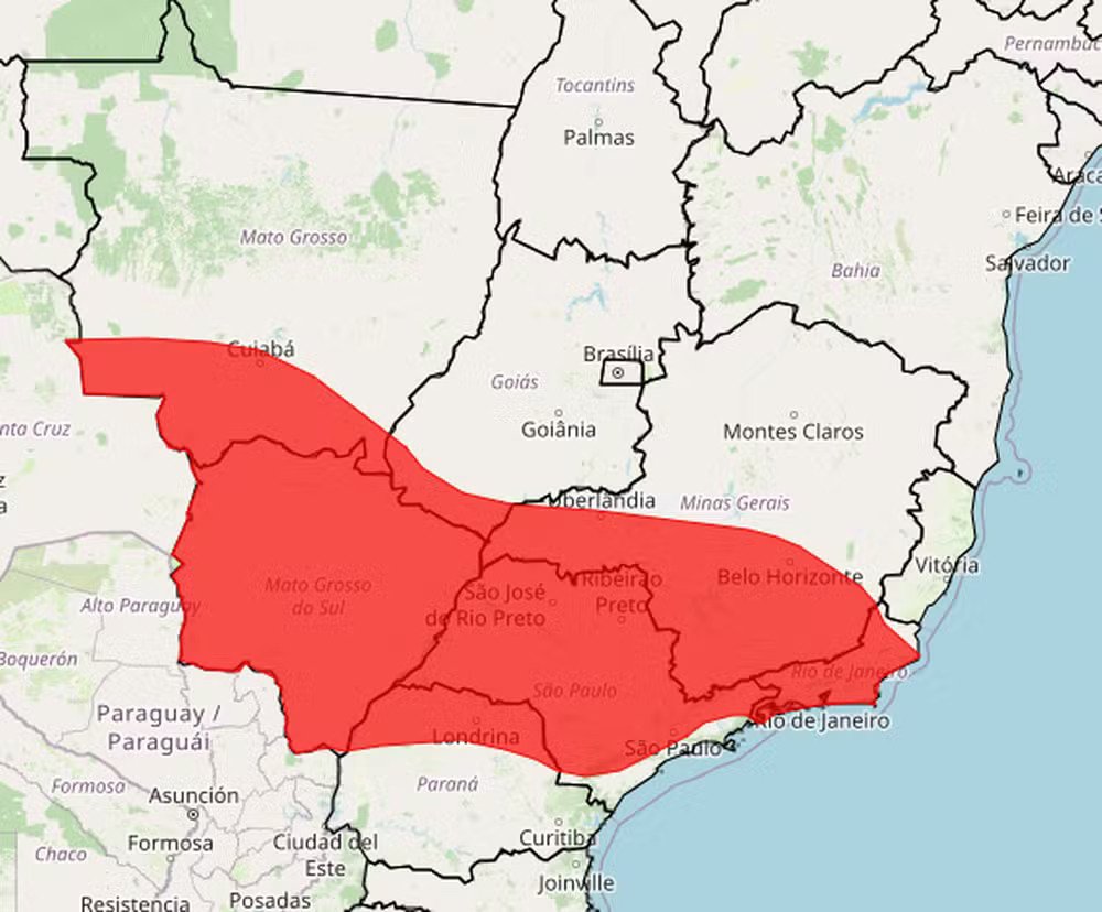 Mancha vermelha mostra regiões atingidas por onda de calor — Foto: Reprodução/Inmet