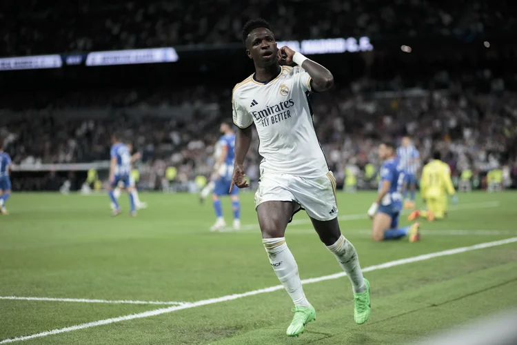 Vinicius Jr of Real Madrid is celebrating a goal during the La Liga 2023/24 match between Real Madrid and Alaves at Santiago Bernabeu Stadium in Madrid, Spain, on May 14, 2023. (Photo by Guillermo Martinez) (Guillermo Martinez/Getty Images)