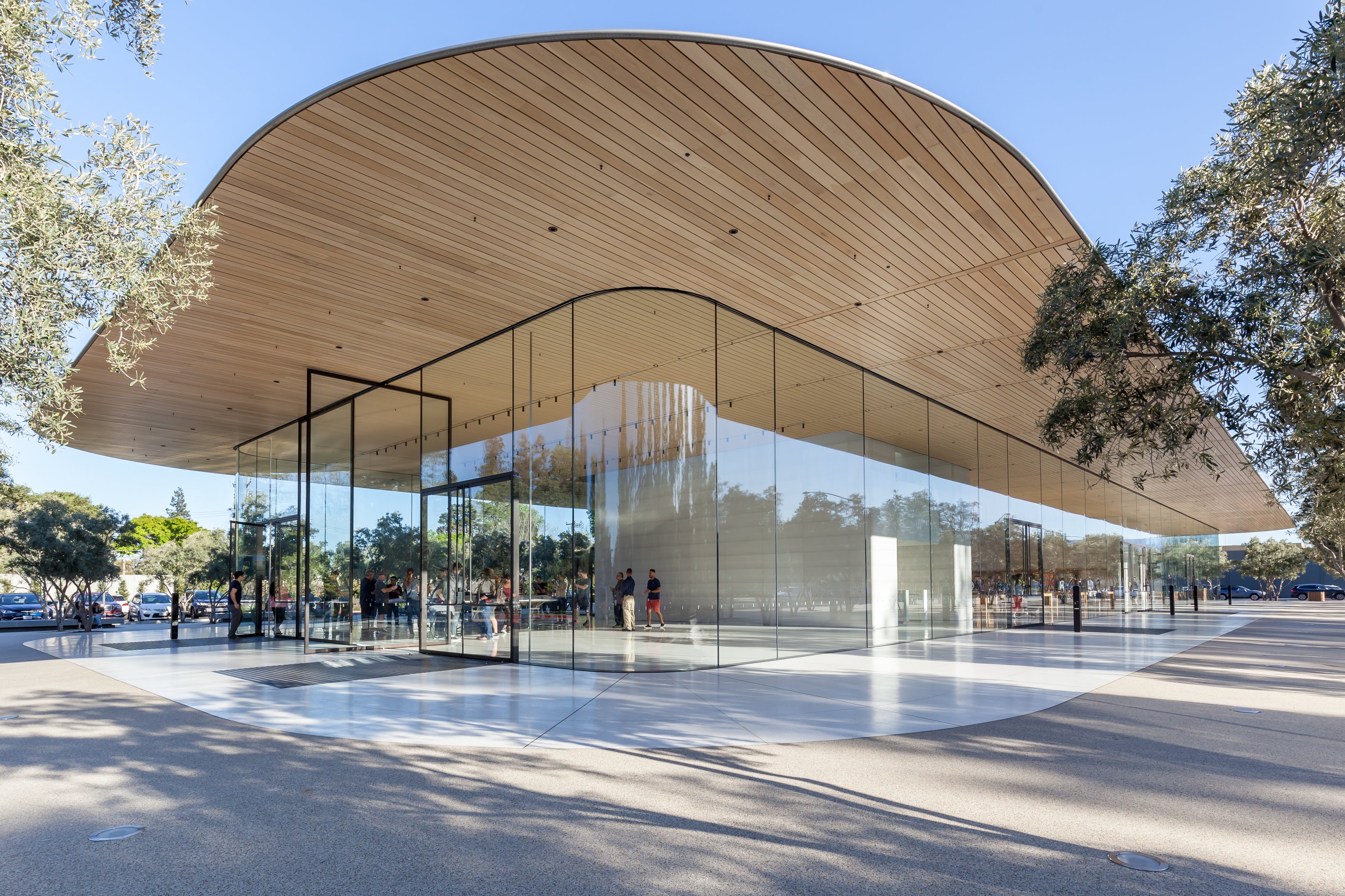 Cupertino, California, USA - March 28, 2018:  Exterior view of Apple Park Visitor Center in Silicon Valley, California. Apple Inc. is an American multinational technology company.
