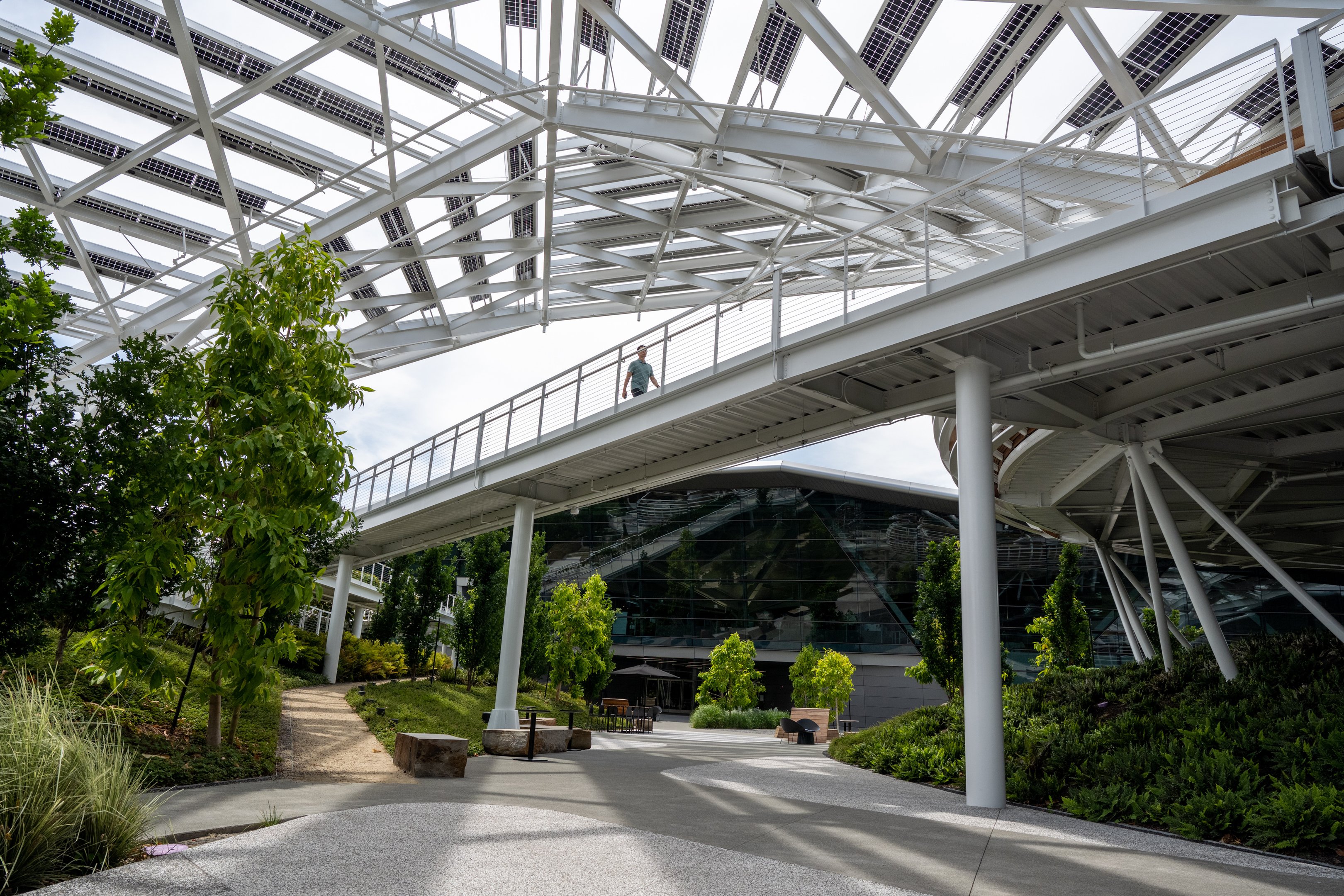 The Voyager Park and Walkway at Nvidia Headquarters in Santa Clara, California, US, on Monday, June 5, 2023. Nvidia Corp., suddenly at the core of the world's most important technology, owns 80% of the market for a particular kind of chip called a data-center accelerator, and the current wait time for one of its AI processors is eight months. Photographer: Marlena Sloss/Bloomberg via Getty Images