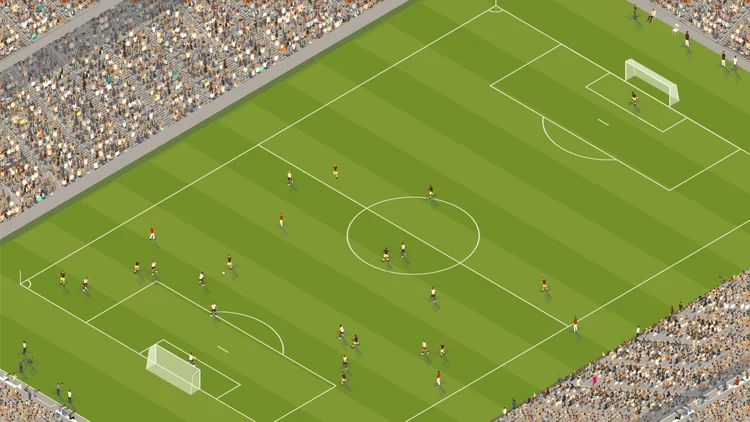 This extremely detailed overhead scene of a soccer game includes hundreds of people in the stands and playing on the field. A team in white and black uniforms faces a team in black and yellow, while officials watch closely. Fans fill the stadium seats, framing the illustration. Note that no specific people, places, teams, or organizations are represented in this drawing. Vector illustration is presented in isometric view. (Getty Images/Getty Images)